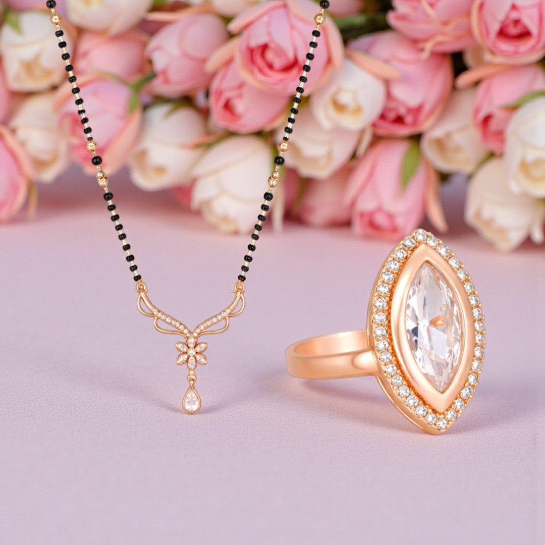 Rose Gold Mangalsutra Ring Set For Women