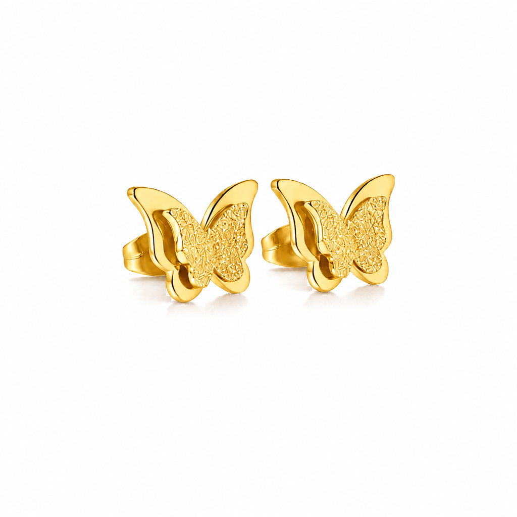 Charming Dual Butterfly Stainless Steel Rhinestone Stud Earrings for Baby Girls, Girls and Women