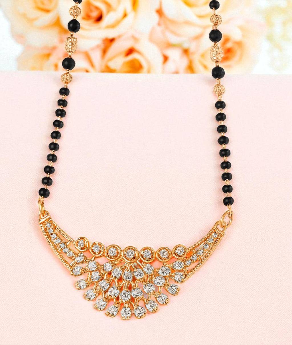 Rose Gold Plated AD Black Beads Mangalsutra