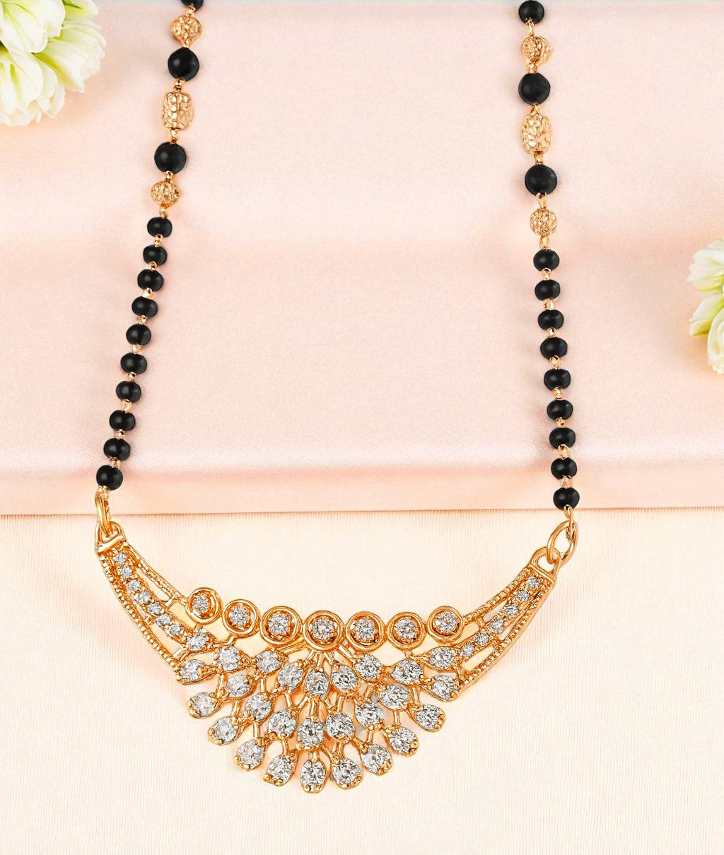 Rose Gold Plated AD Black Beads Mangalsutra