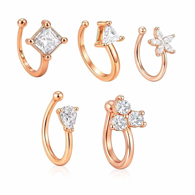 Rose Gold American Diamond Non Piercing Nose Pin Set for Women