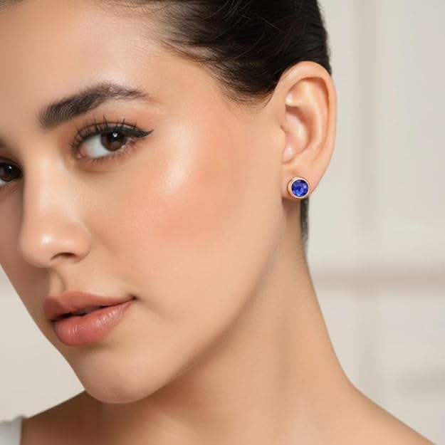 Rose Gold Round Blue Stone Stud Earrings