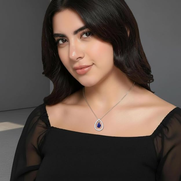 Silver Plated White Cubic Zirconia Studded Pendant for Women with Link Chain, Jewellery Gifts for Women & Girls (Silver with Blue Stone)