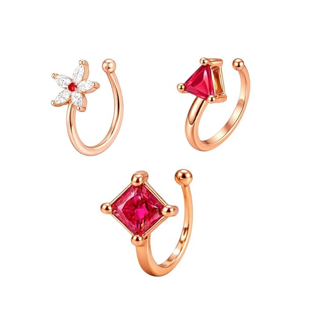 Rose Gold Red Stone Non Piercing Nose Pin Set for Women