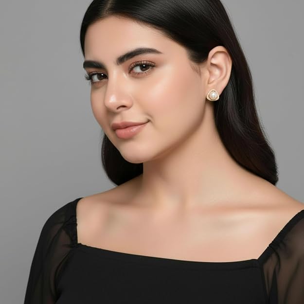 Rose Gold Plated Triangular Design Pearl Stud Earrings With American Diamond for Women And Girls