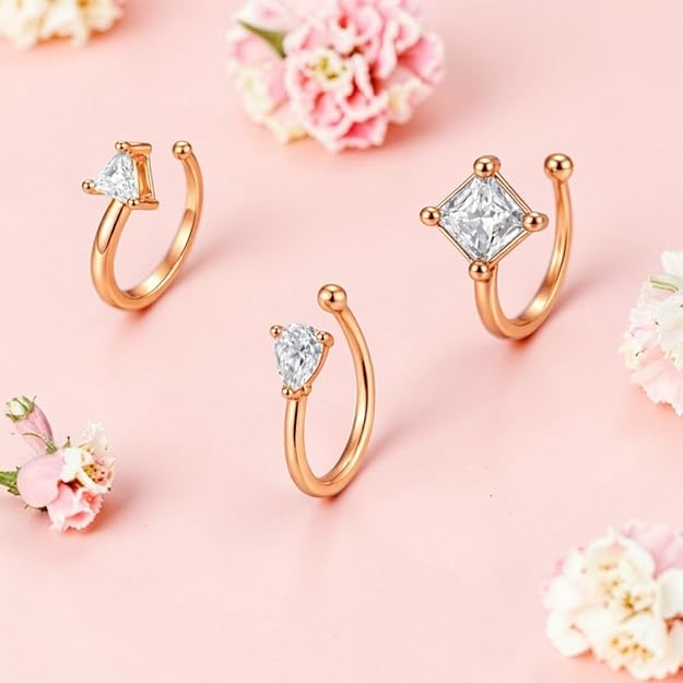 Rose Gold American Diamond Non Piercing Nose Pin Set for Women