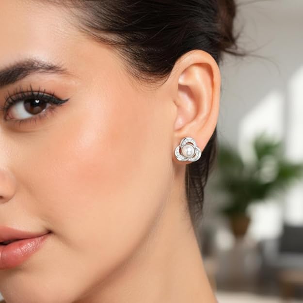 Nilu's Collection Silver Plated Pearl Stud Earrings With American Diamond for Women And Girls