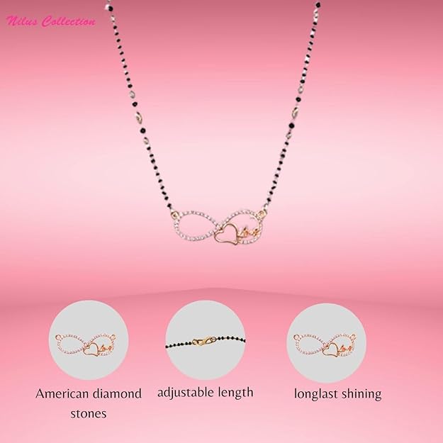 Mangalsutra Necklace with Infinity Heart Pendant| Black Beads Chain| Rose Gold Plated