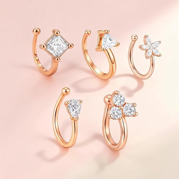 Rose Gold American Diamond Non Piercing Nose Pin Set for Women