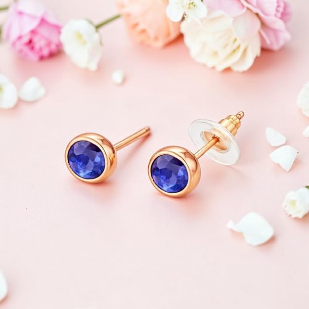 Rose Gold Round Blue Stone Stud Earrings