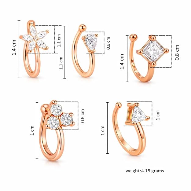 Rose Gold American Diamond Non Piercing Nose Pin Set for Women
