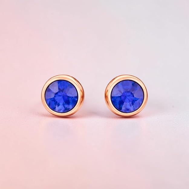 Rose Gold Round Blue Stone Stud Earrings