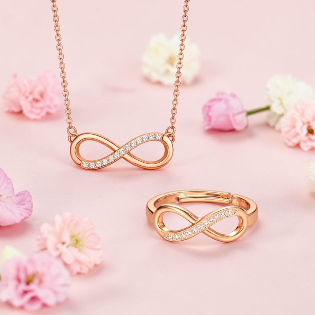 Rose Gold  Plated Infinity Pendant Necklace & Adjustable Ring Set