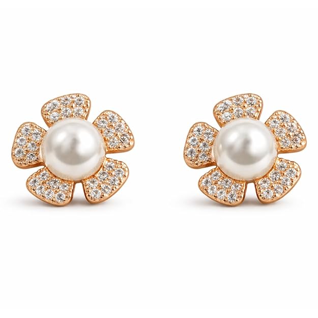 Pearl Pop Stud Earrings |Rose Gold Plated Floral Design Earrings