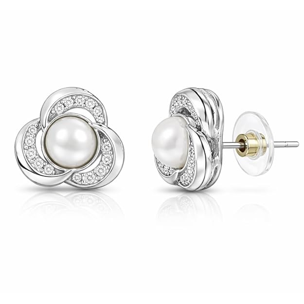 Nilu's Collection Silver Plated Pearl Stud Earrings With American Diamond for Women And Girls