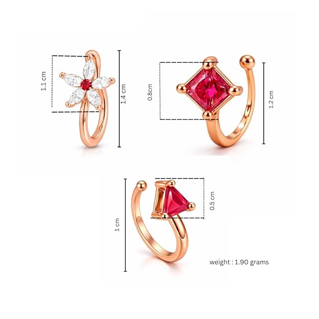 Rose Gold Red Stone Non Piercing Nose Pin Set for Women