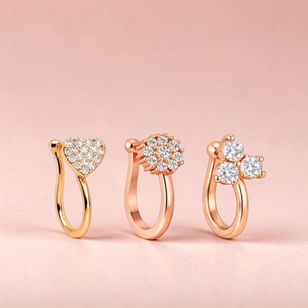 Rose Gold American Diamond Non Piercing Nose Pin Set