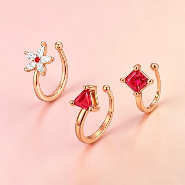 Rose Gold Red Stone Non Piercing Nose Pin Set for Women
