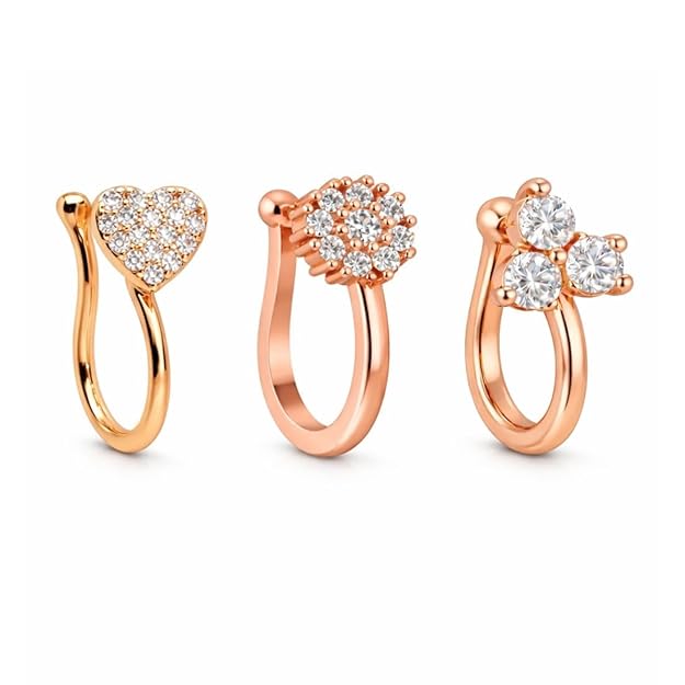 Rose Gold American Diamond Non Piercing Nose Pin Set