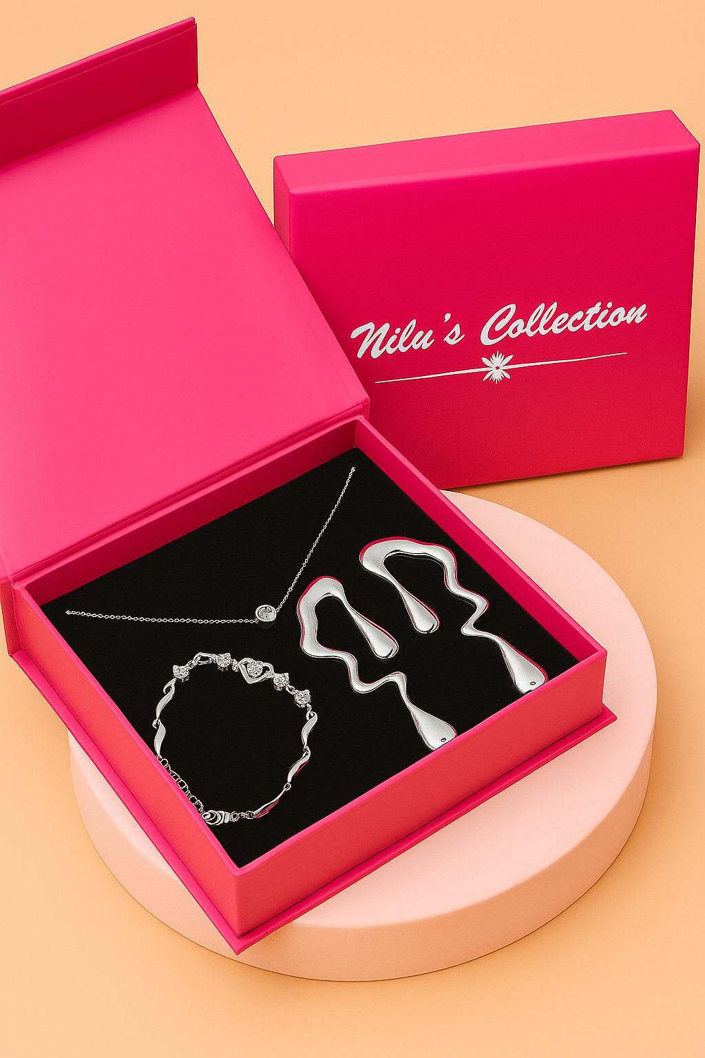 Gift Stylish Silver Jewelry Set for Women – Necklace, Earrings & Bracelet with Modern Wave Design | Elegant Gift Box for Parties, Weddings & Special Occasions