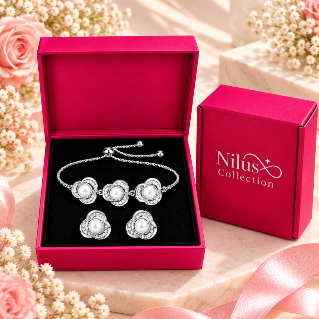 Silver Finish Pearl Floral Bracelet & Earrings for Women