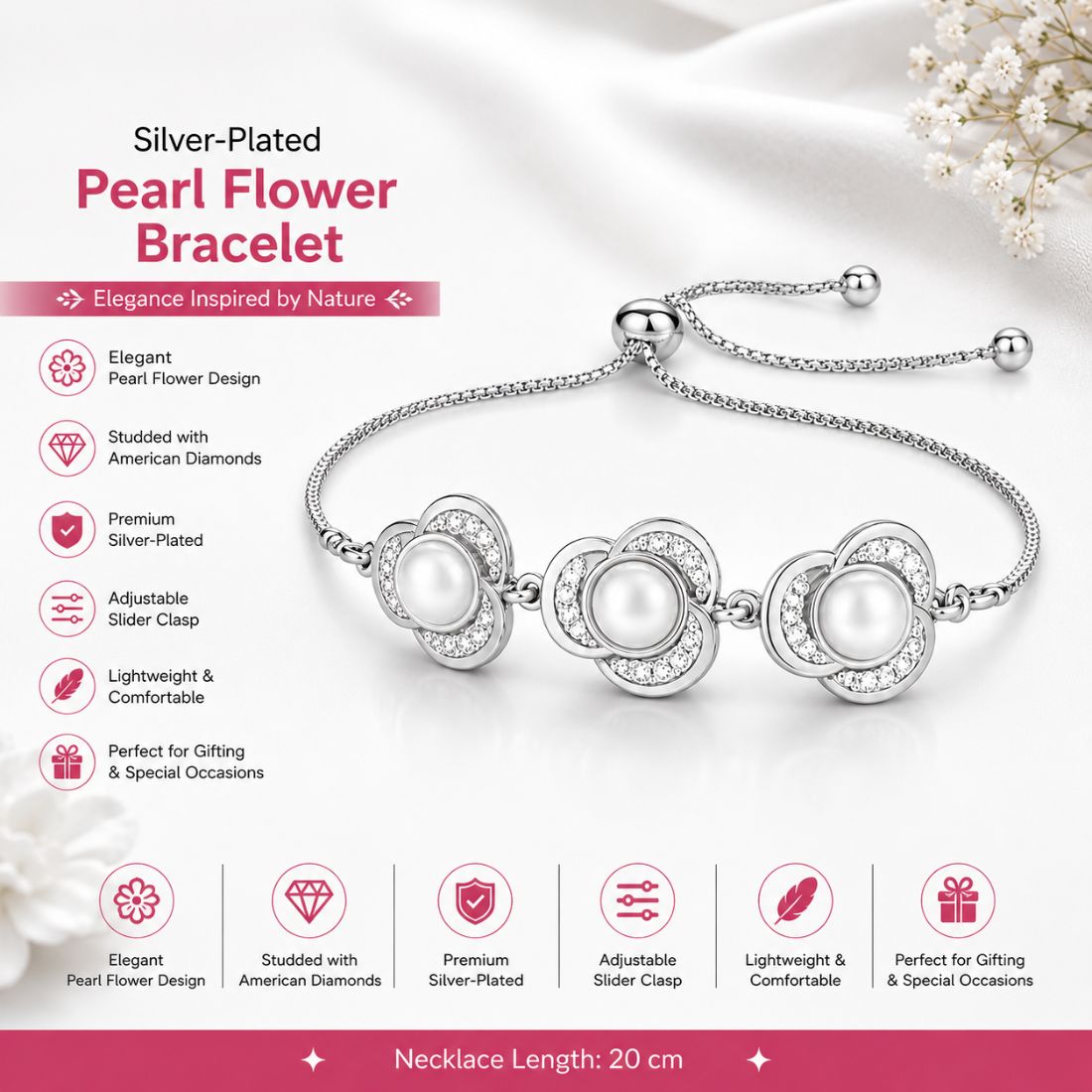 silver Pearl Floral Bracelet