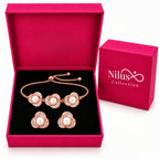 Rose Gold Pearl Floral Bracelet & Earrings For Women