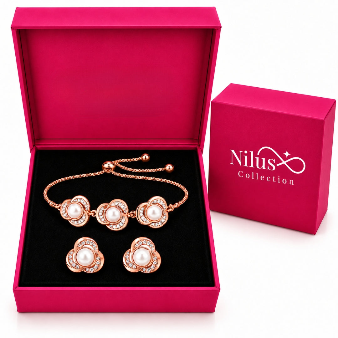 Rose Gold Pearl Floral Bracelet & Earrings For Women