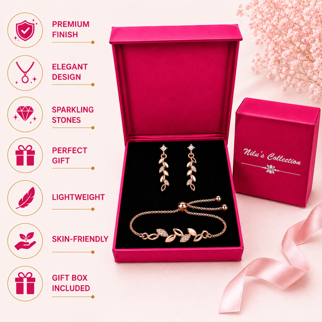 Rose Gold Leaf Bracelet With Drop Earrings For Women