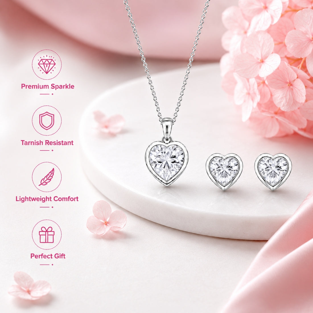 Silver Heart Pendant With Earrings For Women
