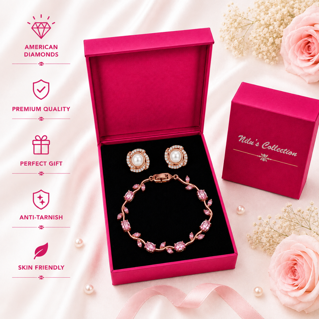Rose Gold Tulip Bracelet & Pearl Stud Earrings Gift Set For Women