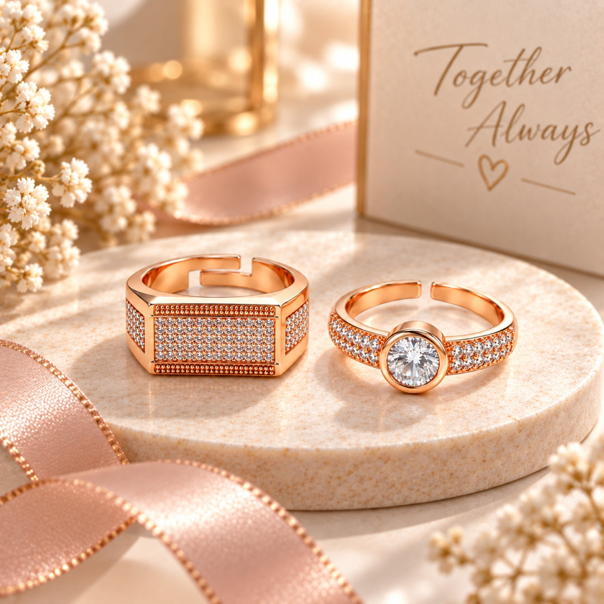 Rose Gold Solitaire Couple Rings for Men & Women
