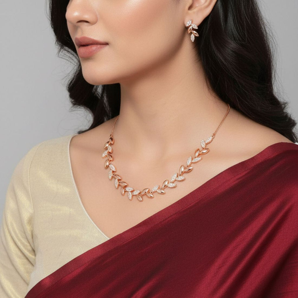 Nilu's Collection Rose Gold Plated American Diamond Leaf Design Necklace Set with Matching Earrings for Women And Girls