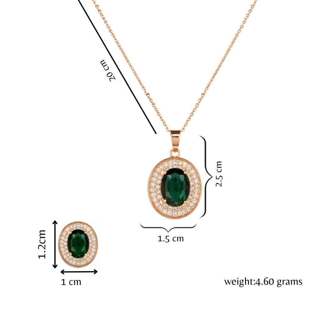 Nilu's Collection Rose Gold Plated Green Oval Necklace With Stud Earrings for Women And Girls | Anti-Tarnish | Anti-Allergy| Office Wear