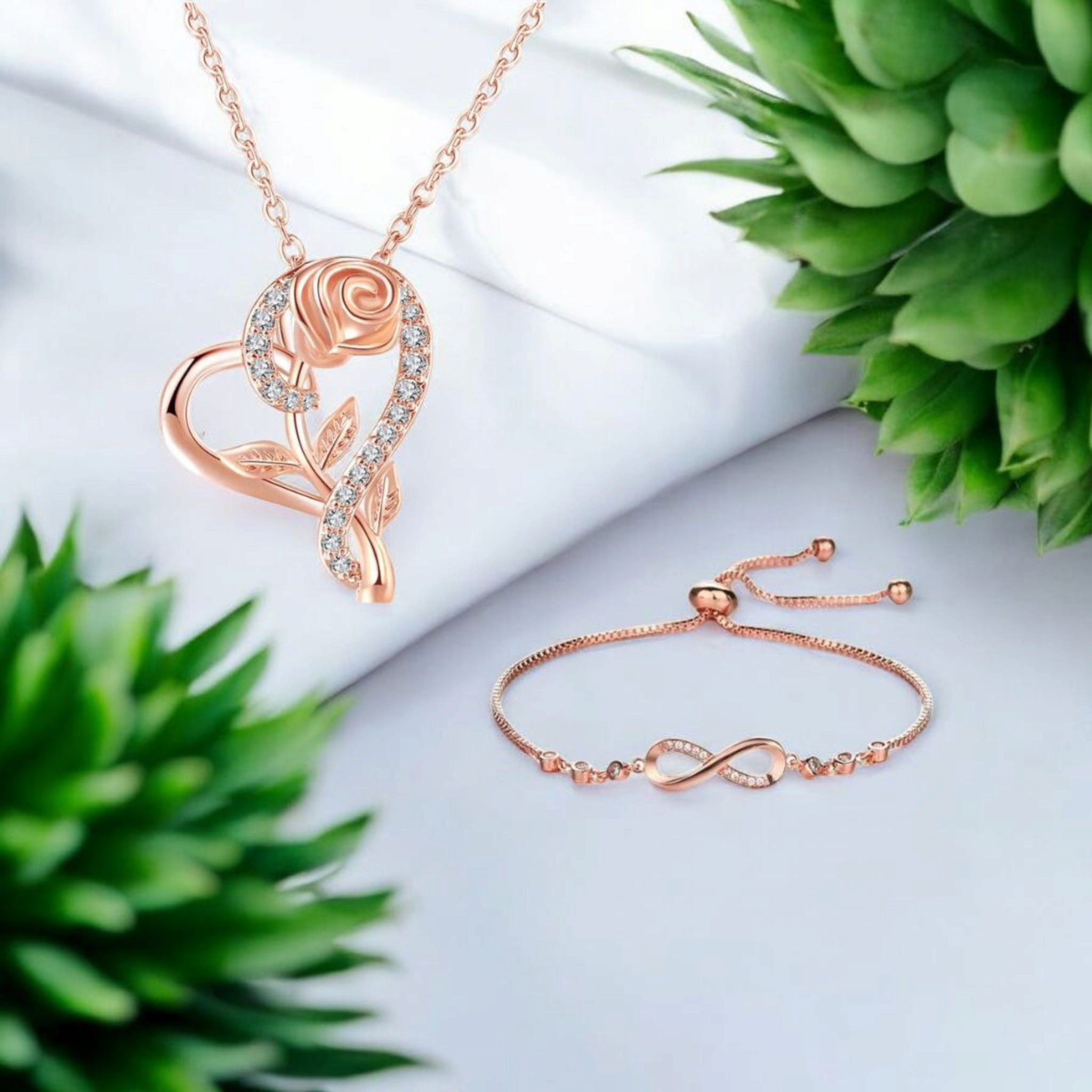 Stylish Rose Gold Plated CZ Chain Pendent with Infinity Bracelet for Girls and Women| Heart Shaped Pendant with Rose engraved| Gift
