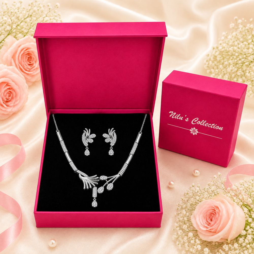 Silver Plated Floral Necklace With Earrings For Women