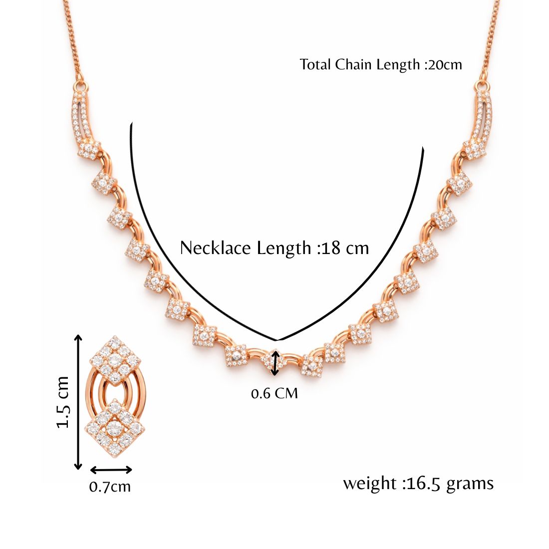 Nilu's Collection Rose Gold Plated American Diamond Square Floral Design Necklace Set with Matching Earrings For Women And Girls