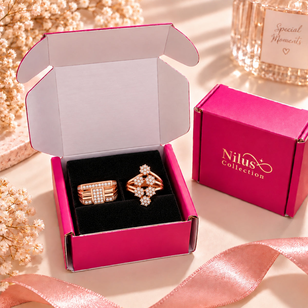 Rose Gold Floral Couple Rings for Men & Women