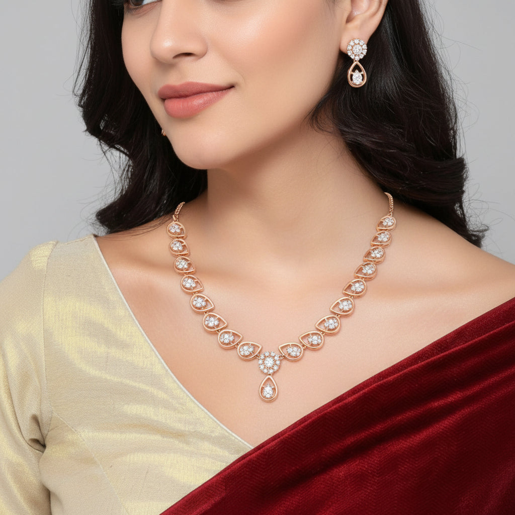 Nilu's Collection Rose Gold Plated Necklace Set With Matching Earrings For Women And Girls