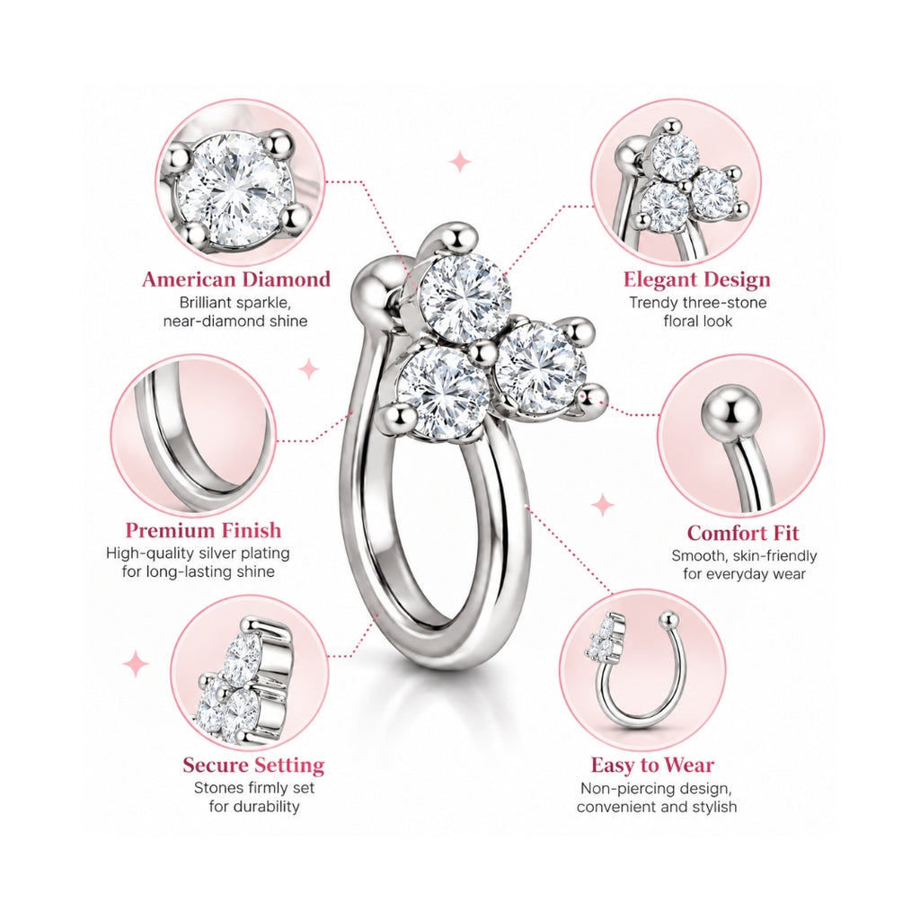 Silver Finish Triple Stone Non-Piercing Nose Pin