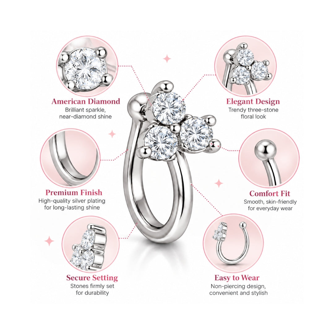 Silver Finish Triple Stone Non-Piercing Nose Pin