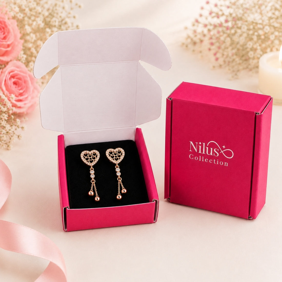 Rose Gold Plated Heart Design Dangling Earrings For Women And Girls
