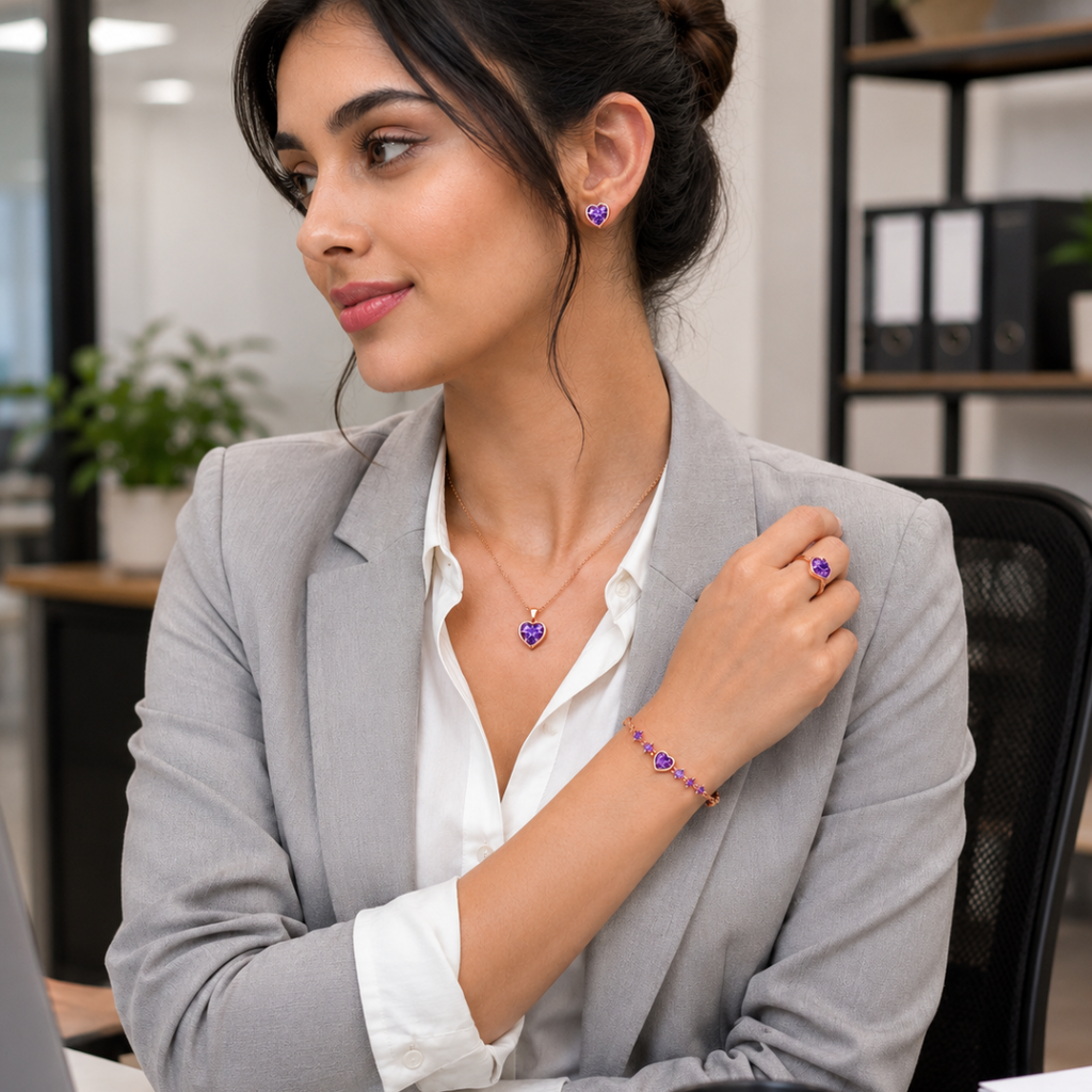 Rose Gold Purple Heart Jewelry Set
