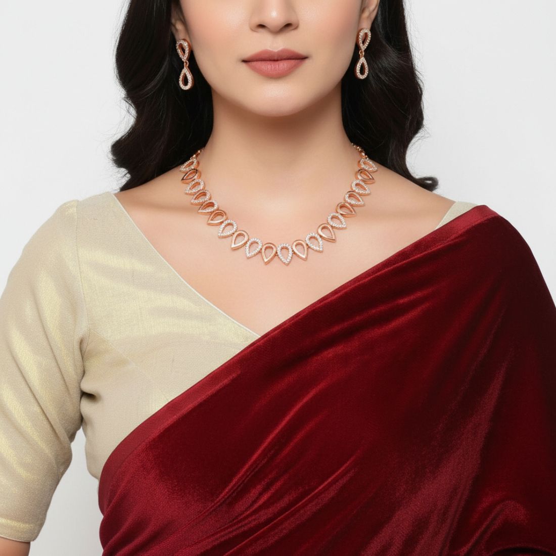 Nilu's Collection Rose Gold Plated Teardrop Necklace Set for Women And Girls