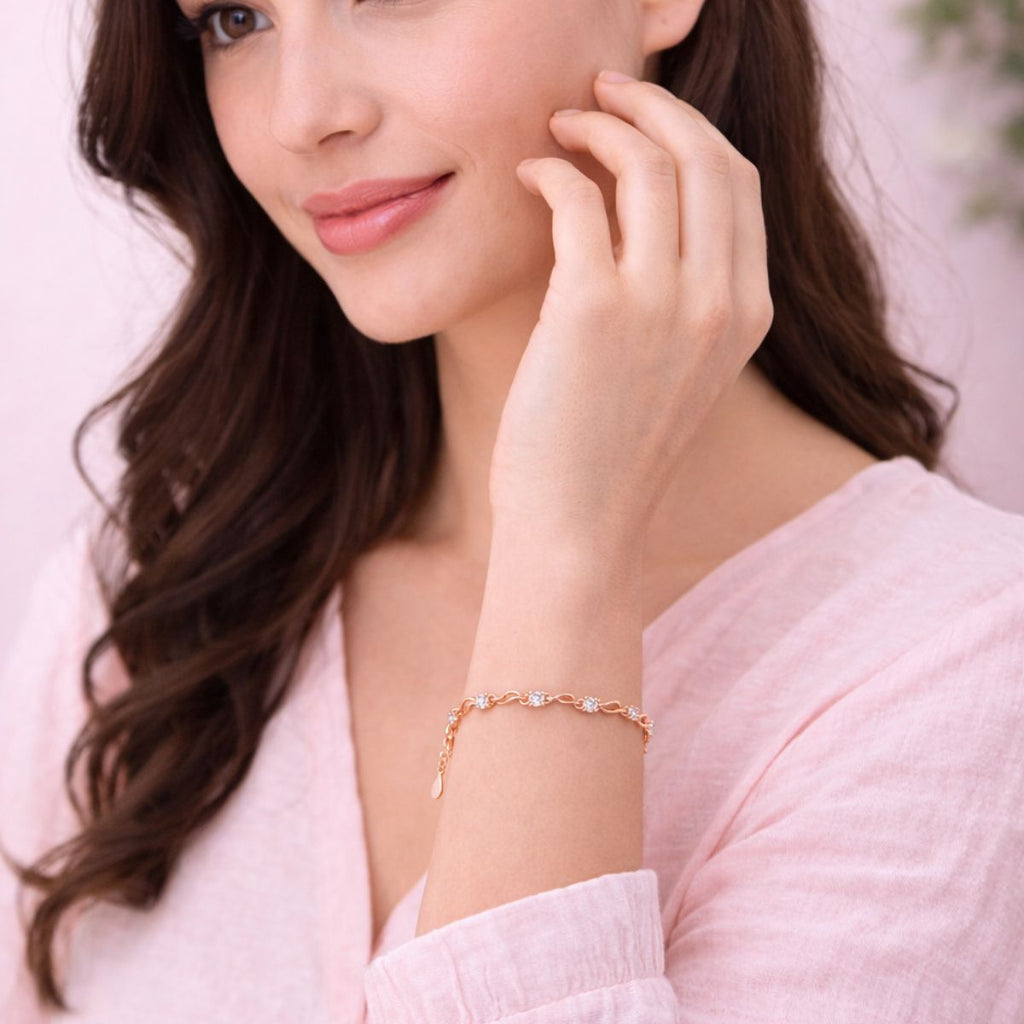 Rose Gold Plated Link Bracelet With American Diamond For Women And Girls | Amti-Tarnish | Anti- Allergy | Gift For Her | Office Wear