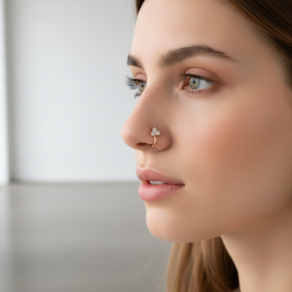 Rose Gold Triple Stone Non-Piercing Nose Pin