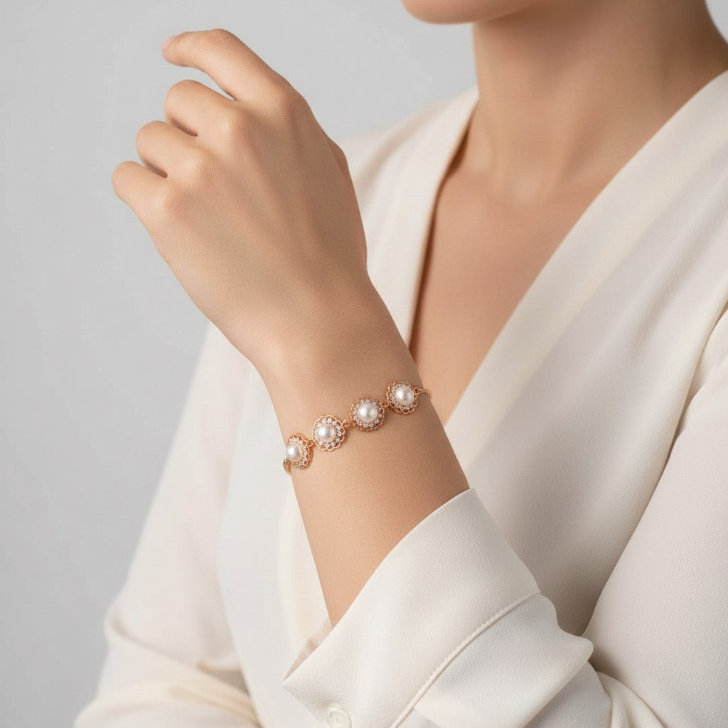 Rose Gold Pearl Floral Adjustable Bracelet