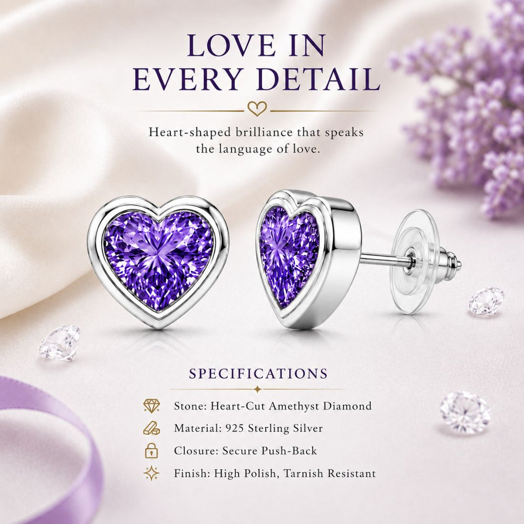 Silver Purple Heart Stud Earrings