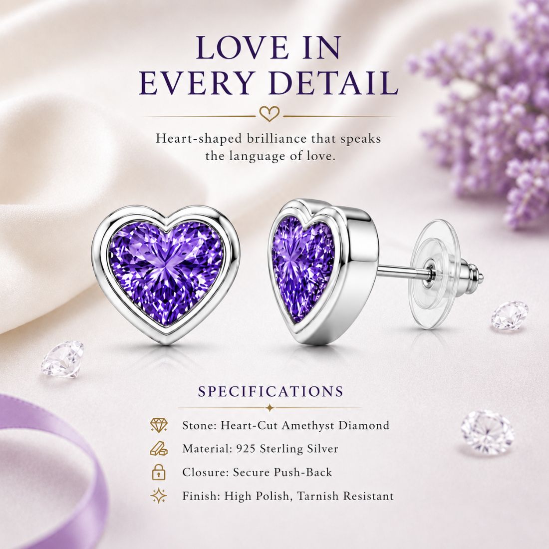 Silver Purple Heart Stud Earrings