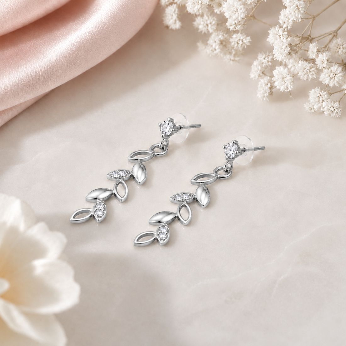 Rhodium Plated Leaf Drop Earrings for Women